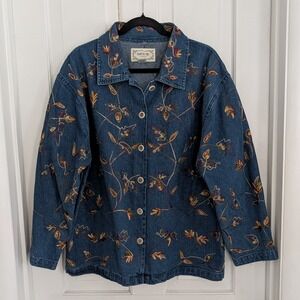 VTG Tantrums Embroidered Denim Jean Jacket SZ 1X Cottagecore Leaves Fall Women